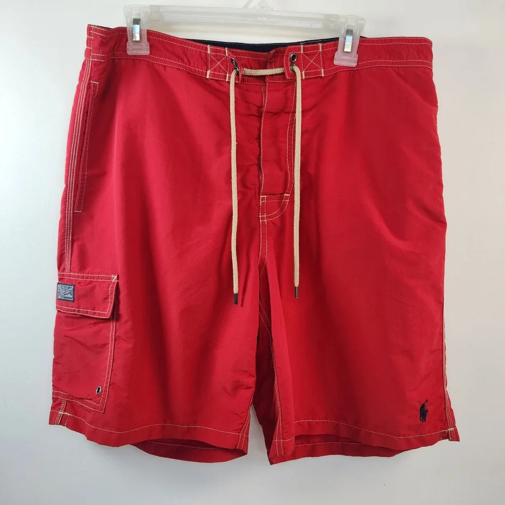 Polo Ralph Lauren Vintage Mens XL Red Cargo Swim Trunks Board Shorts Pony Logo